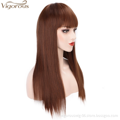 Vigorous Good Quality  High Temperature Long Straight Synthetic Hair Wigs for Women Brown Wigs With Bangs Wholesale